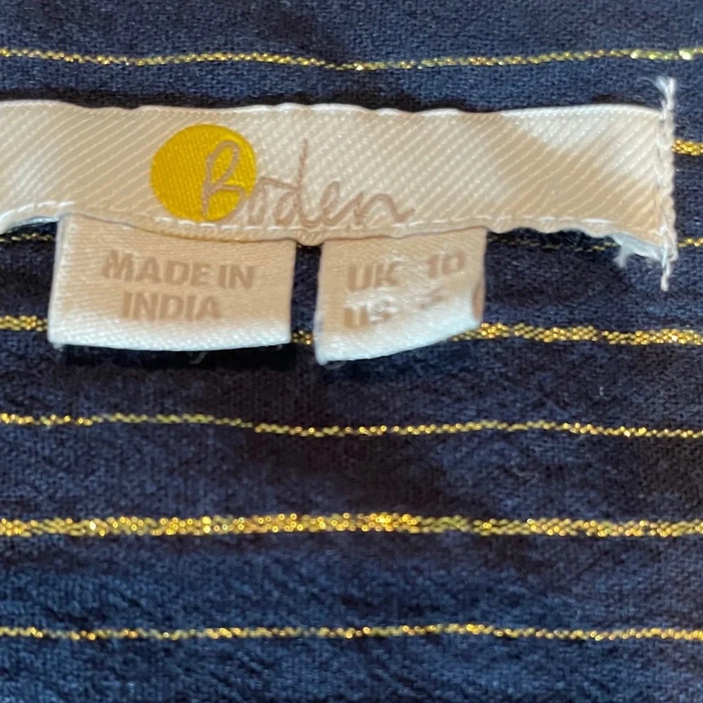 Boden‎ Navy Blue Gold Stripe Lurex Smocked Waist Cropped Blouse Top UK 10 US 6